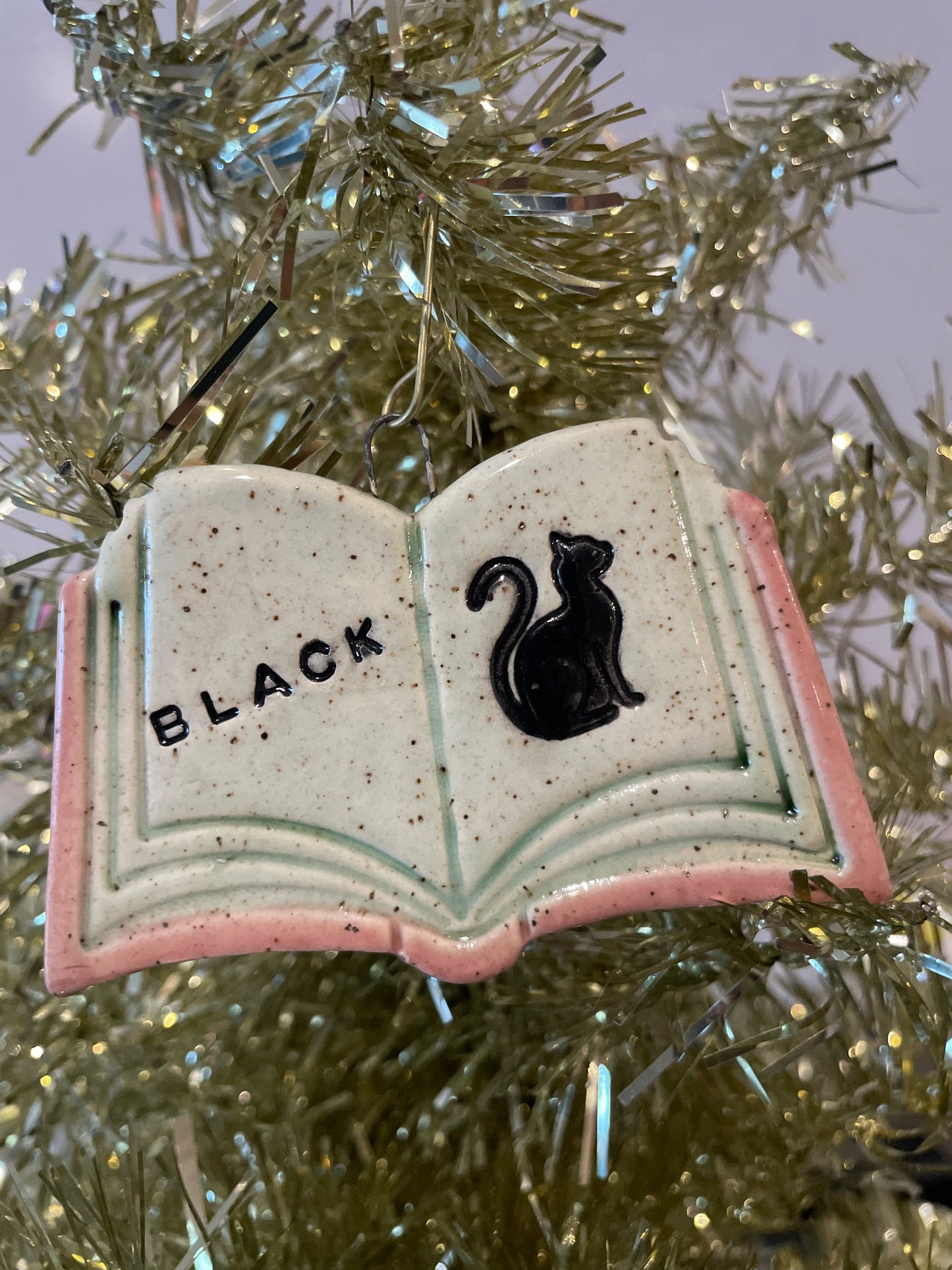 Handmade Ceramic Black Cat Fables Book Ornament