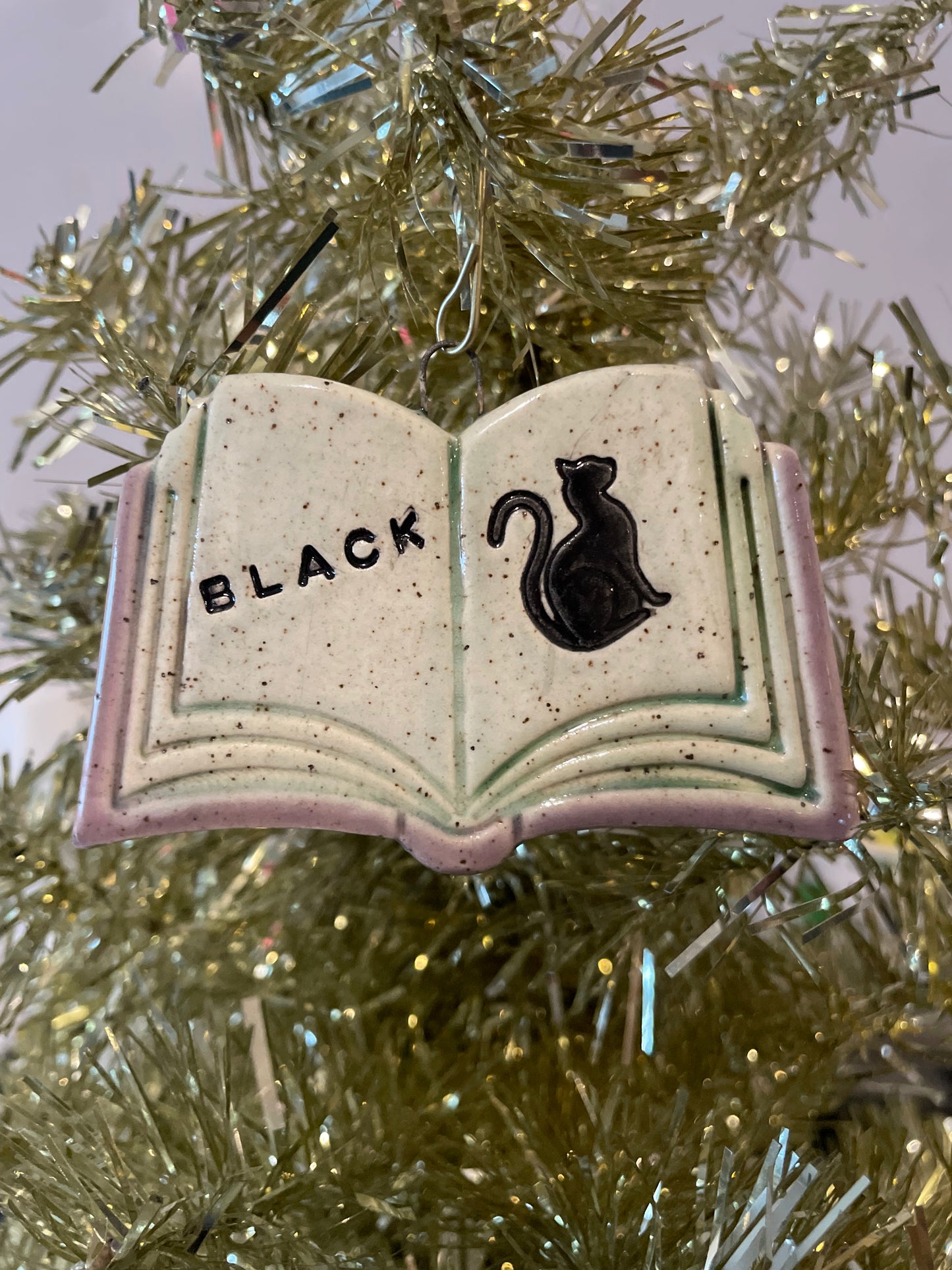 Handmade Ceramic Black Cat Fables Book Ornament