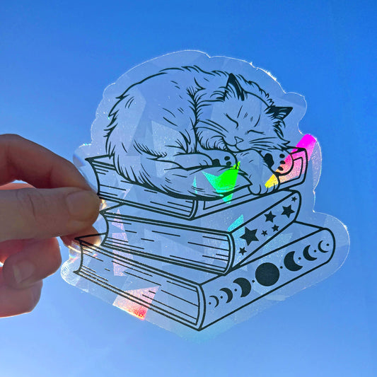 Cat on Book Stack Suncatcher Window Decal